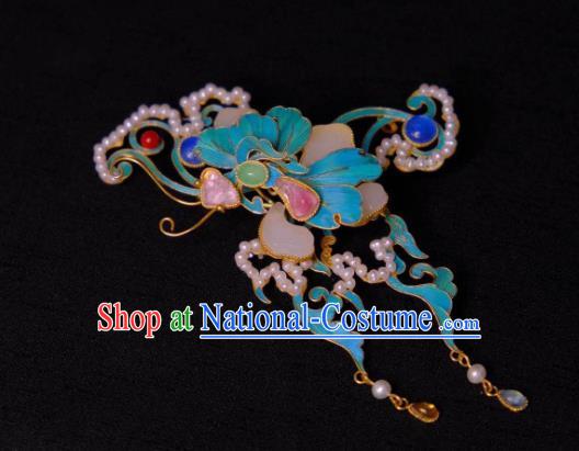 Chinese Ming Dynasty Empress Jade Hairpin Traditional Hair Jewelry Ancient Empress Pearls Butterfly Hair Stick