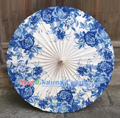 China Handmade Umbrellas Traditional Printing Blue Peony Oil Paper Umbrella Classical Dance Umbrella