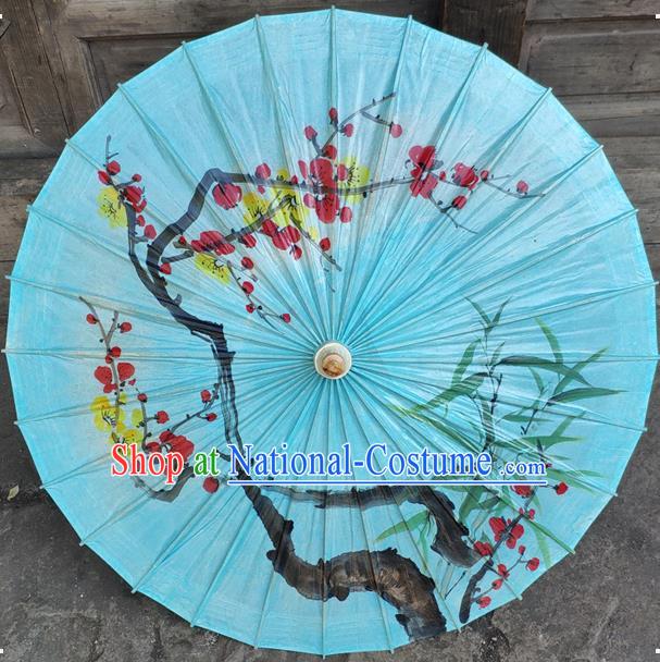 China Traditional Blue Oil Paper Umbrella Handmade Craft Classical Ink Painting Plum Bamboo Umbrellas