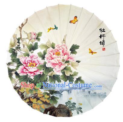 China Handmade Classical Dance Painting Peony Umbrellas Traditional White Oil Paper Umbrella