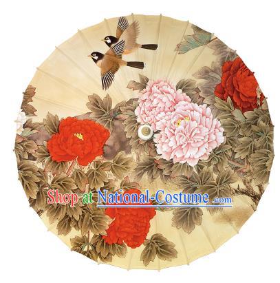 China Handmade Printing Peony Bird Umbrellas Traditional Ginger Oil Paper Umbrella Classical Dance Umbrella