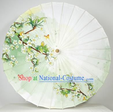 China Handmade Light Green Umbrella Traditional Painting Pear Blossom Oil Paper Umbrella