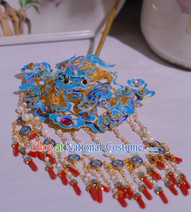 Chinese Traditional Blueing Lion Hair Jewelry Ancient Ming Dynasty Empress Tassel Hairpin Agate Accessories