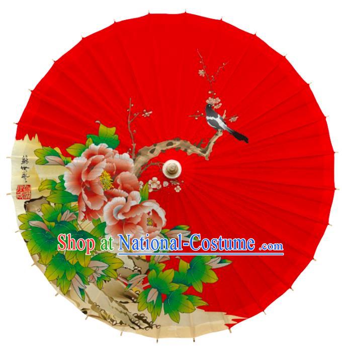 China Traditional Wedding Bride Umbrella Handmade Printing Peony Plum Red Oil Paper Umbrella