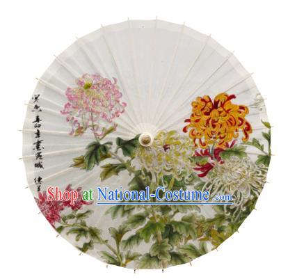 China Traditional White Paper Umbrella Handmade Painting Chrysanthemum Oil Paper Umbrella