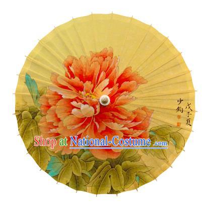 China Traditional Yellow Paper Umbrella Handmade Painting Peony Oil Paper Umbrella