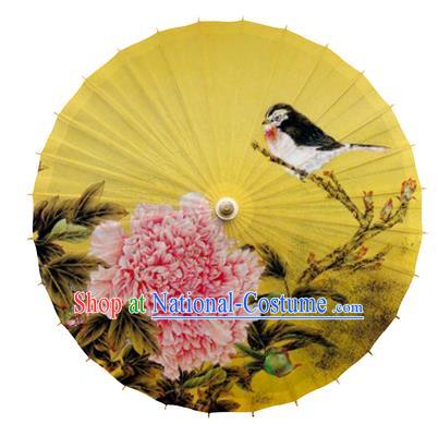 China Handmade Painting Peony Oil Paper Umbrella Traditional Dance Yellow Paper Umbrella