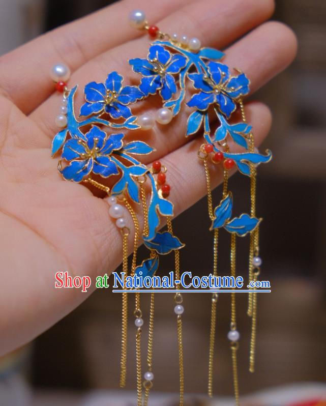 Chinese Traditional Blueing Flowers Earrings Culture Jewelry Cheongsam Golden Tassel Ear Accessories