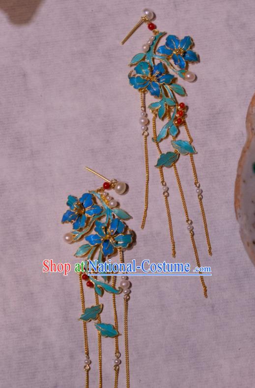 Chinese Traditional Blueing Flowers Earrings Culture Jewelry Cheongsam Golden Tassel Ear Accessories