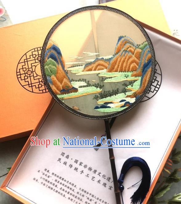 Chinese Traditional Embroidered Landscape Palace Fan Classical Silk Fan Handmade Circular Fan