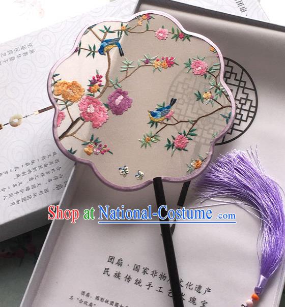 Chinese Classical Dance Silk Fan Handmade Hanfu Fan Traditional Embroidered Flowers Bird Palace Fan