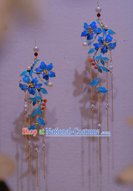 Chinese Traditional Blueing Flowers Earrings Culture Jewelry Cheongsam Golden Tassel Ear Accessories