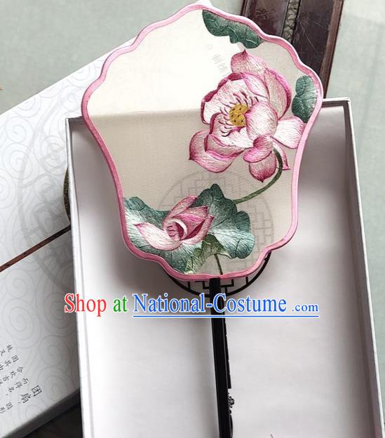 Chinese Handmade Palace Fan Classical Dance Fan Traditional Suzhou Embroidered Lotus Silk Fan