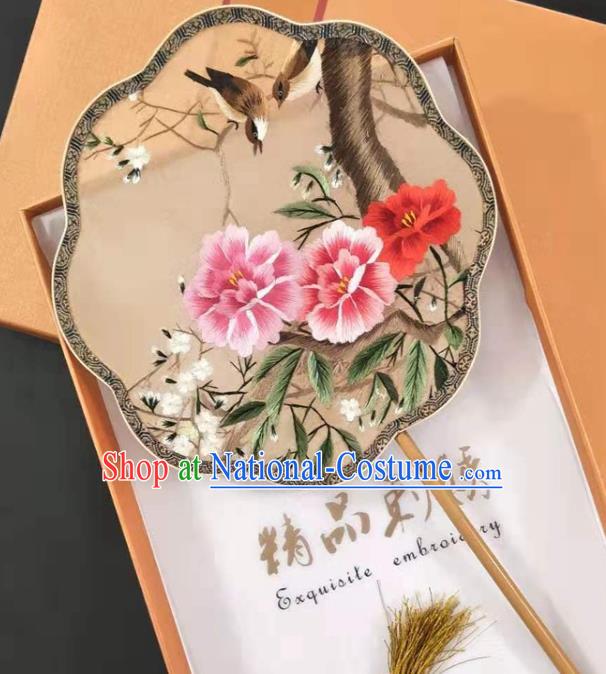 Chinese Classical Dance Silk Fan Handmade Embroidered Peony Palace Fan Traditional Song Dynasty Princess Fan