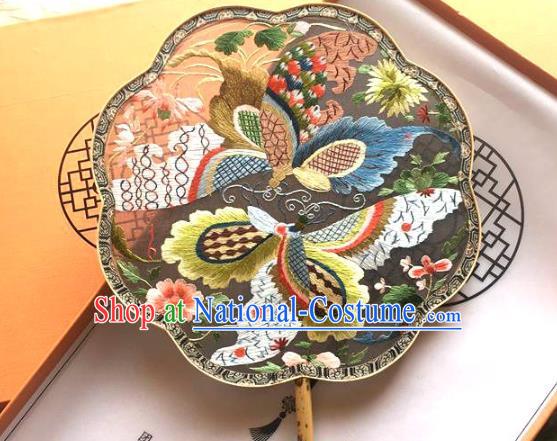 Chinese Handmade Embroidered Butterfly Palace Fan Traditional Song Dynasty Princess Fan Classical Black Silk Fan