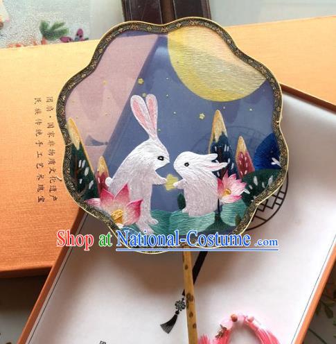 Chinese Handmade Embroidered Moon Rabbit Palace Fan Traditional Hanfu Fan Classical Blue Silk Fan