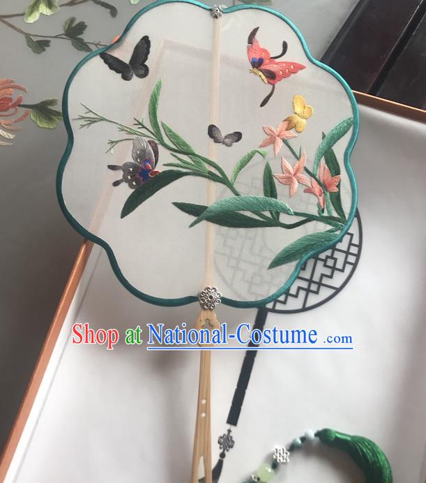 Chinese Traditional Hanfu Fan Classical Palace Fan Handmade Embroidered Orchids Silk Fan