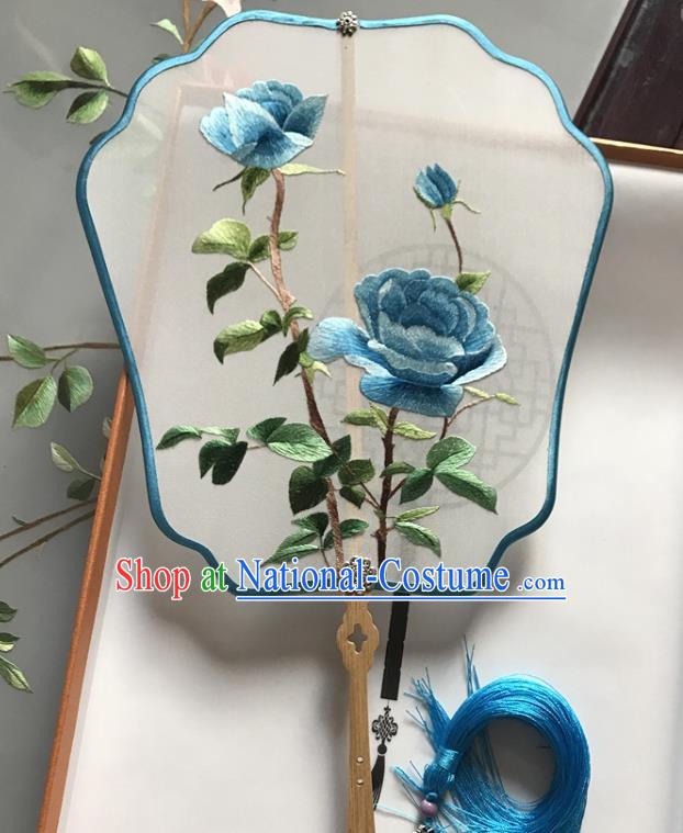 Chinese Classical Dance Palace Fan Handmade Embroidered Blue Rose Silk Fan Traditional Ancient Princess Fan