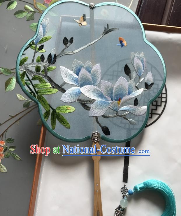 Chinese Handmade Embroidered Mangnolia Blue Silk Fan Traditional Ancient Princess Fan Classical Dance Palace Fan