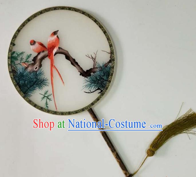 Chinese Traditional Hanfu Circular Fan Cultural Dance Palace Fan Handmade Embroidered Pine Birds Silk Fan