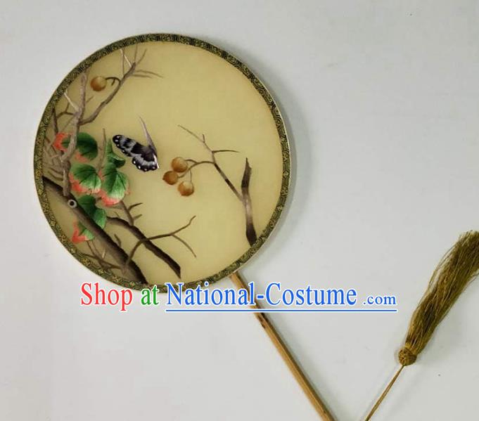 Chinese Handmade Embroidered Butterfly Yellow Silk Fan Traditional Hanfu Circular Fan Cultural Dance Palace Fan