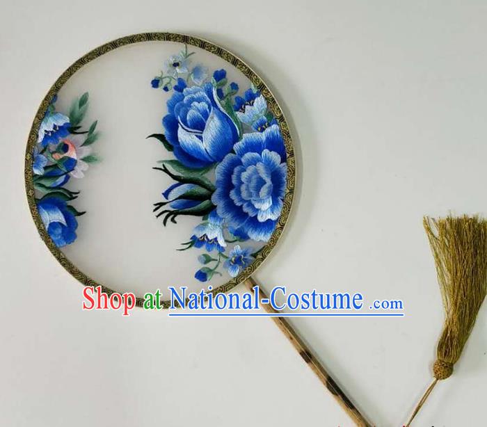 Chinese Handmade Embroidered Blue Peony Silk Palace Fan Traditional Hanfu Circular Fan