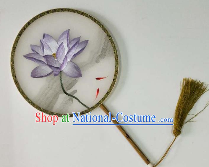 Chinese Traditional Hanfu Circular Fan Handmade Embroidered Lilac Lotus Silk Palace Fan