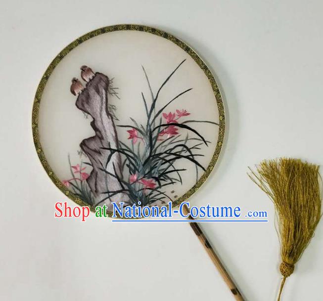 Chinese Traditional Circular Fan Handmade Embroidered Orchids Palace Fan Silk Fan