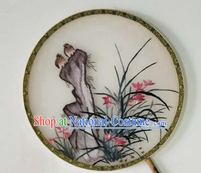 Chinese Traditional Circular Fan Handmade Embroidered Orchids Palace Fan Silk Fan