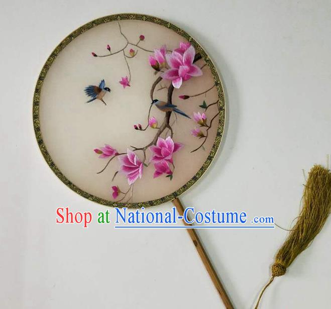 Chinese Handmade Silk Fan Traditional Circular Fan Suzhou Embroidered Mangnolia Palace Fan