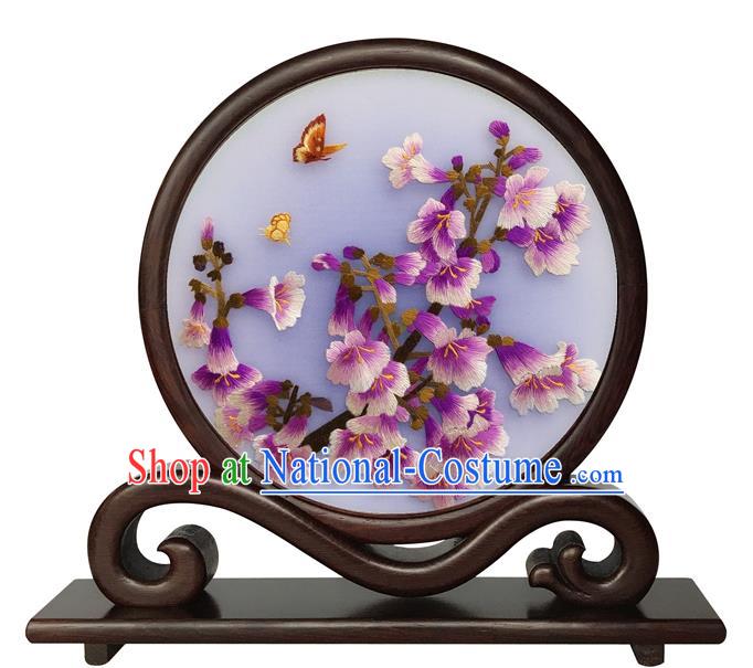 Chinese Double Side Embroidered Table Ornament Handmade Suzhou Embroidery Purple Flowers Desk Screen