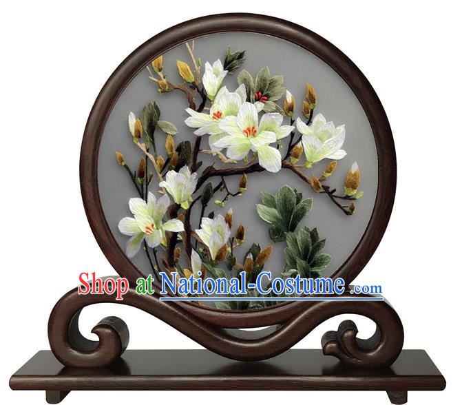 Chinese Rosewood Table Ornament Handmade Suzhou Embroidery Mangnolia Desk Screen