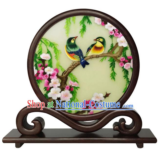 Chinese Handmade Rosewood Table Ornament Traditional Suzhou Embroidery Plum Blossom Desk Screen