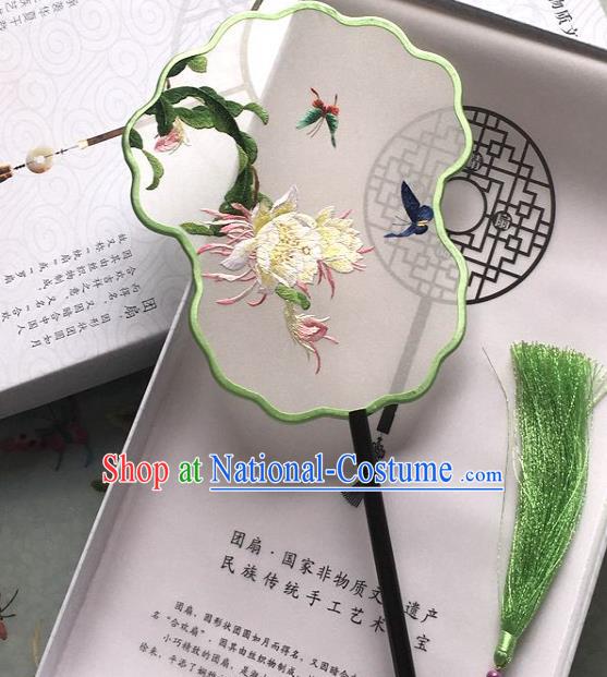 Chinese Handmade Palace Fan Traditional Embroidered Epiphyllum Silk Fan Classical Dance Fan