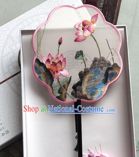 Chinese Handmade Palace Fan Traditional Embroidered Lotus Fan Classical Silk Fan