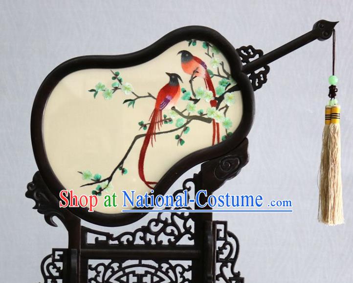 Chinese Traditional Embroidered Plum Bird Table Screen Handmade Rosewood Desk Ornaments