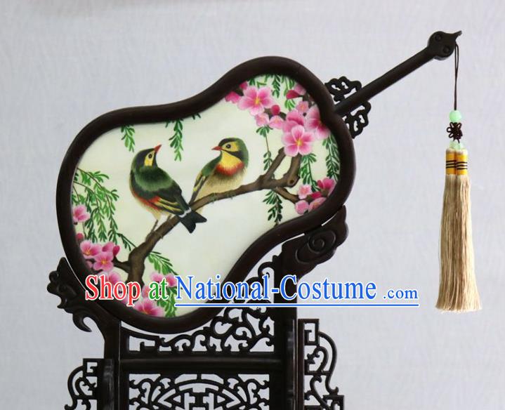 Chinese Handmade Rosewood Desk Ornaments Traditional Embroidered Plum Bird Table Screen