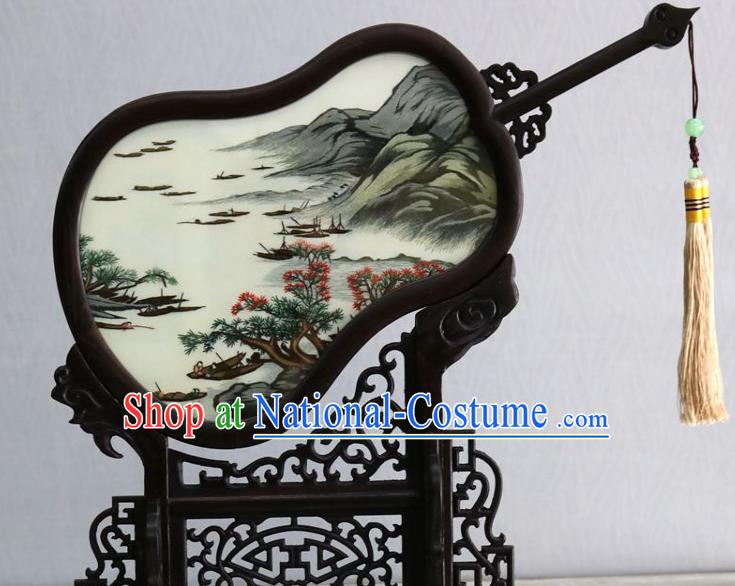 Chinese Handmade Rosewood Gourd Desk Ornaments Traditional Embroidered Landscape Painting Table Screen