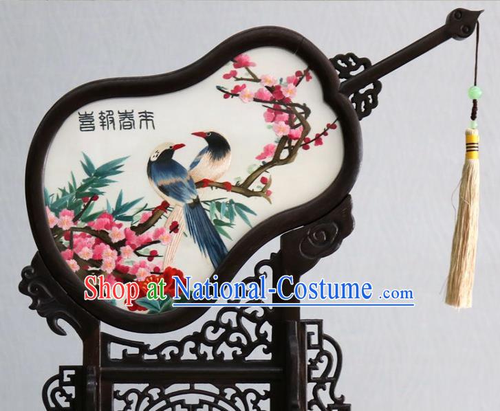 Chinese Traditional Embroidered Plum Bird Table Screen Handmade Rosewood Gourd Desk Ornaments