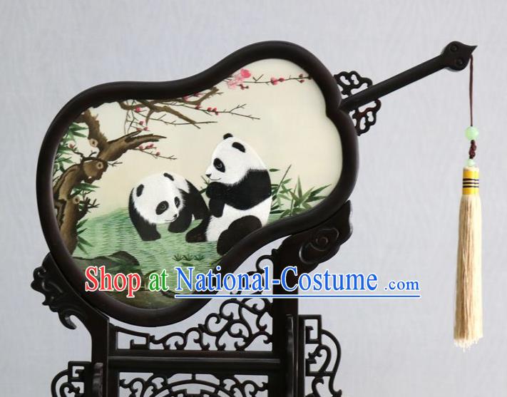 Chinese Traditional Embroidered Panda Craft Handmade Rosewood Carving Gourd Desk Screen