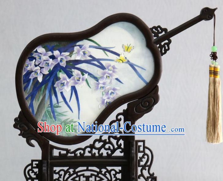 Chinese Traditional Embroidered Orchids Table Ornament Handmade Rosewood Carving Gourd Desk Screen Craft