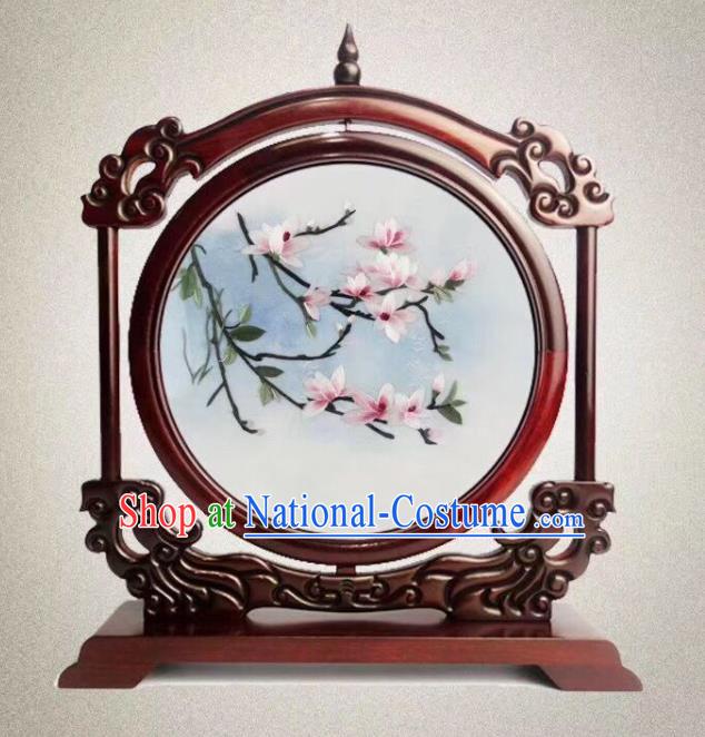 Chinese Embroidered Mangnolia Table Ornament Handmade Suzhou Embroidery Desk Screen