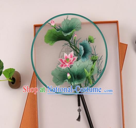 Chinese Handmade Silk Circular Fan Traditional Hanfu Fan Suzhou Embroidered Lotus Palace Fan