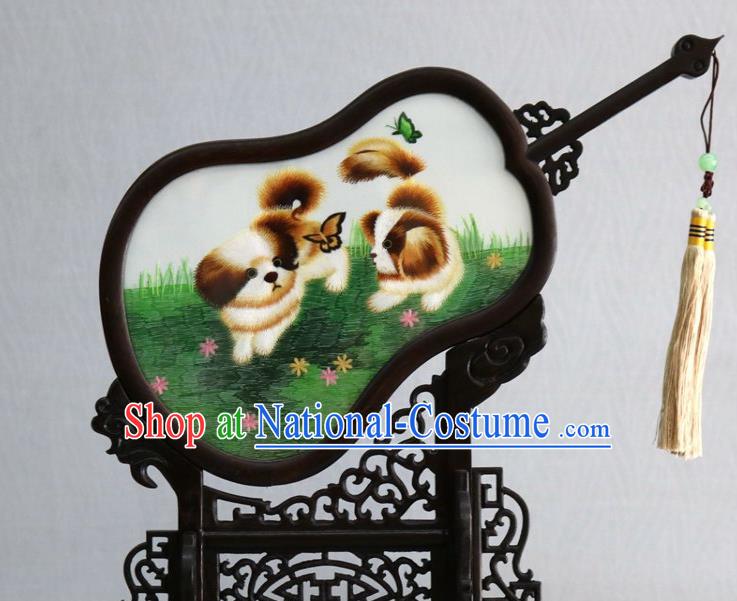 Chinese Handmade Rosewood Gourd Desk Decoration Traditional Suzhou Embroidered Dog Table Screen