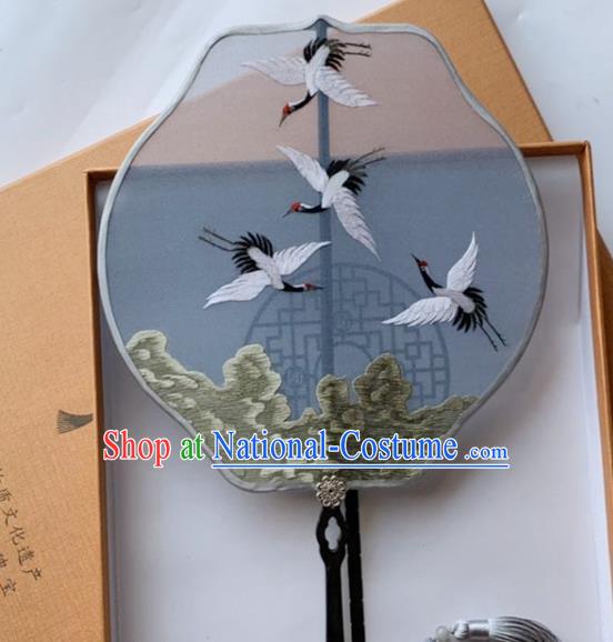 Chinese Traditional Hanfu Fan Ancient Princess Blue Silk Fan Handmade Embroidered Cranes Palace Fan