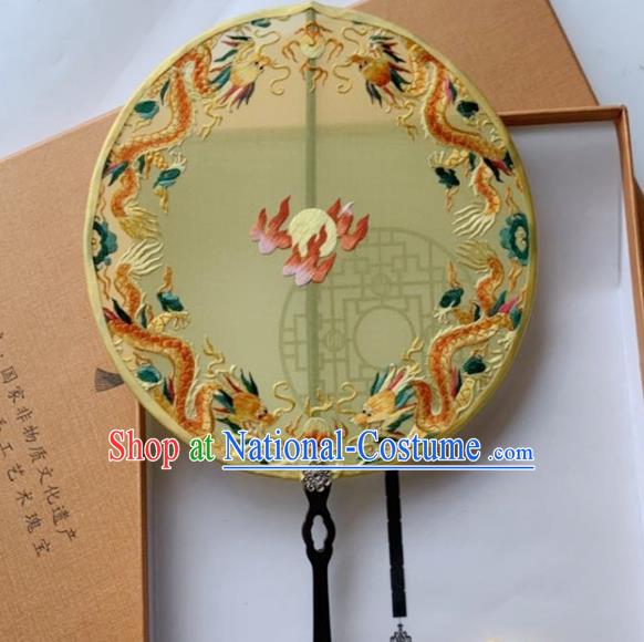 Chinese Traditional Hanfu Circular Fan Yellow Silk Fan Handmade Embroidered Dragons Palace Fan