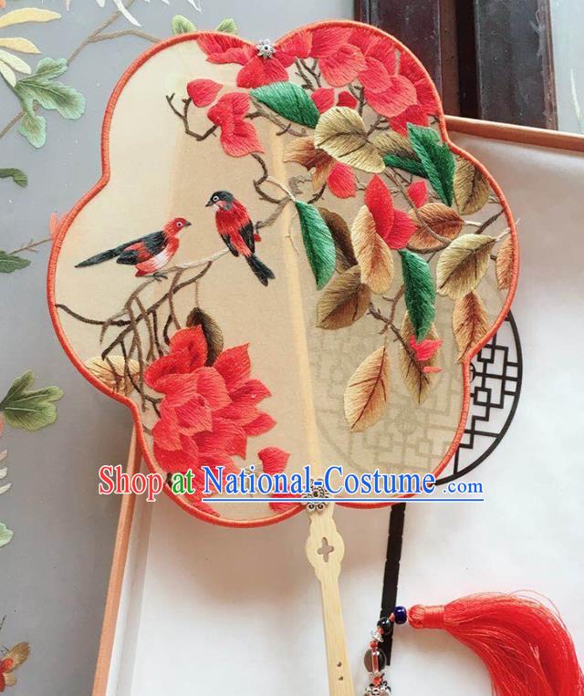 Chinese Handmade Embroidered Red Leaf Birds Palace Fan Traditional Hanfu Fan Classical Dance Silk Fan