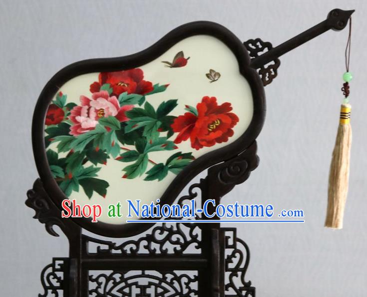 Chinese Handmade Rosewood Double Side Desk Decoration Traditional Suzhou Embroidered Peony Table Screen