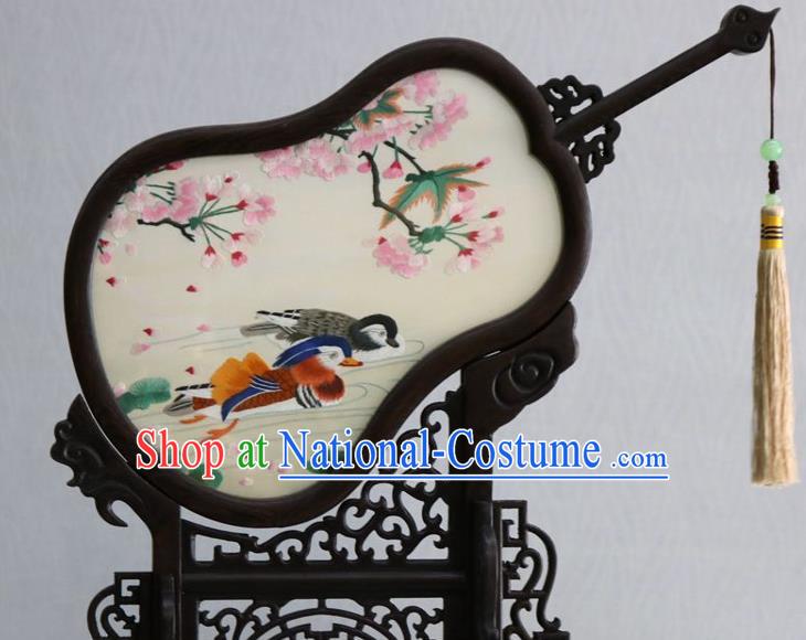 Chinese Traditional Suzhou Embroidered Mandarin Duck Table Screen Handmade Rosewood Double Side Desk Decoration