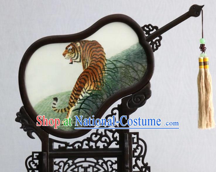 Chinese Handmade Embroidery Silk Craft Traditional Double Side Embroidered Tiger Table Screen Rosewood Desk Decoration